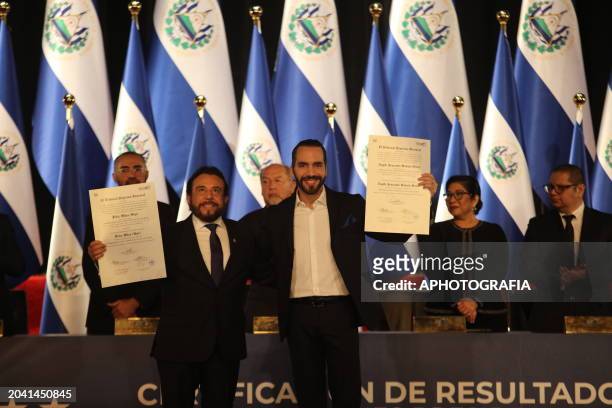Nayib Bukele and Feliz Ulloa celebrate with the credentials of elected President and Vice President respectively, during the presentation of...