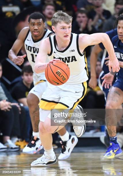 Iowa guard Josh Dix with the ball during a college basketball game between the Penn State Nittany Lions and the Iowa Hawkeyes on February 27 at...