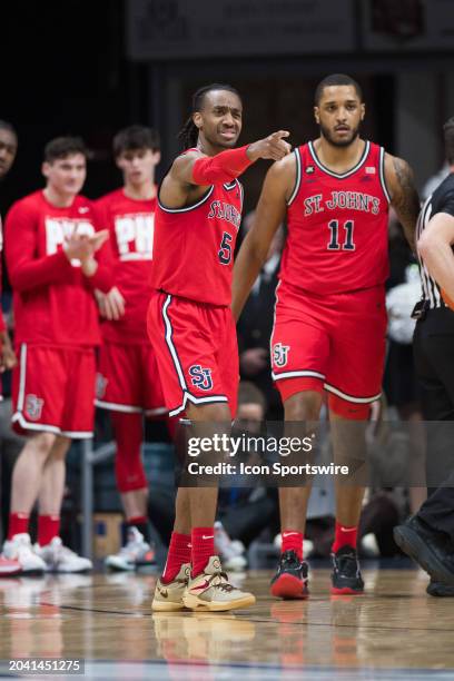 St John's Red Storm guard Daniss Jenkins celebrates a score during the men's college basketball game between the Butler Bulldogs and St. John's Red...