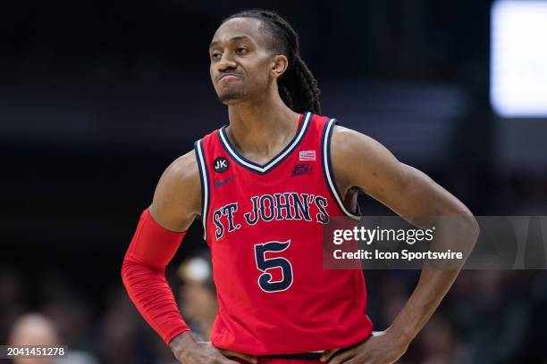 St John's Red Storm guard Daniss Jenkins looks to the sidelines during the men's college basketball game between the Butler Bulldogs and St. John's...