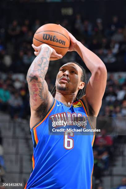 Jaylin Williams of the Oklahoma City Thunder shoots a free throw during the game against the San Antonio Spurs on February 29, 2024 at the Frost Bank...