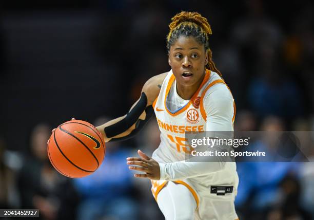 Tennessee Lady Vols guard Jasmine Powell brings the ball up court during the women's college basketball game between the Tennessee Lady Vols and the...