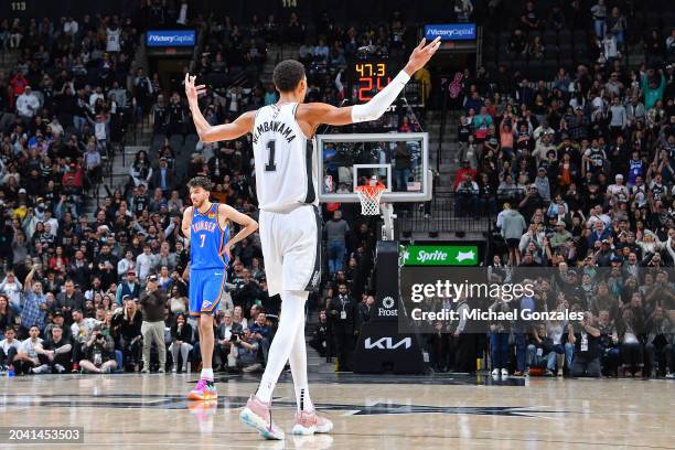 Victor Wembanyama of the San Antonio Spurs looks on during the game against the Oklahoma City Thunder on February 29, 2024 at the Frost Bank Center...