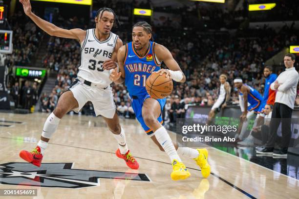 Guard Aaron Wiggins of the Oklahoma City Thunder drives toward the basket during a game against the San Antonio Spurs at Frost Bank Center on...