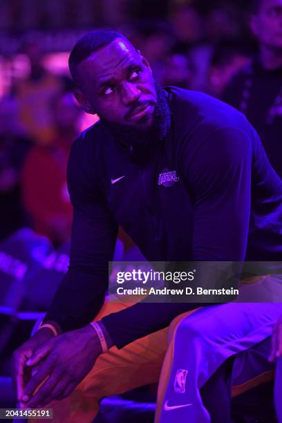 LeBron James of the Los Angeles Lakers looks on before the game against the Washington Wizards on February 29, 2024 at Crypto.Com Arena in Los...