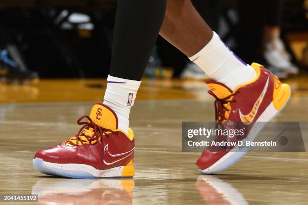 The sneakers worn by LeBron James of the Los Angeles Lakers during the game against the Washington Wizards on February 29, 2024 at Crypto.Com Arena...