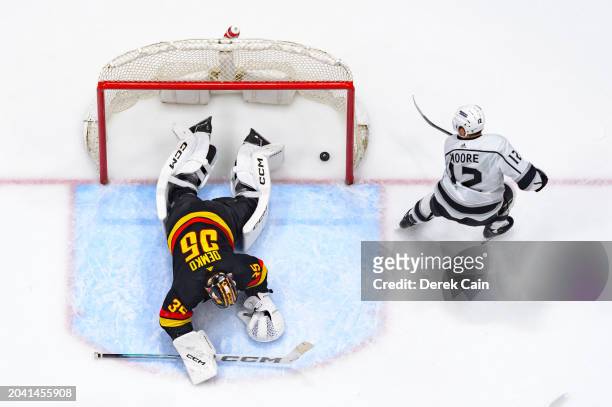 Trevor Moore of the Los Angeles Kings scores a goal on Thatcher Demko of the Vancouver Canucks during the third period of their NHL game at Rogers...