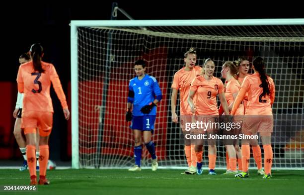 Players of the Netherlands celebrate their team's 1st goal during the U19 Women's Netherlands v U19 Women's Germany - International Friendly on...