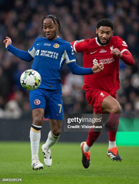 Raheem Sterling of Chelsea is challenged by Joe Gomez of Liverpool during the Carabao Cup Final match between Chelsea and Liverpool at Wembley...