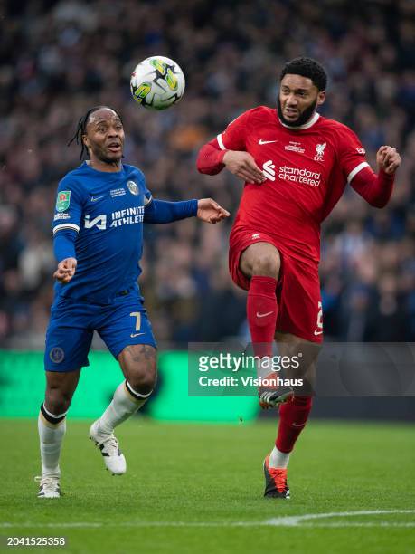 Raheem Sterling of Chelsea battles for possession with Joe Gomez of Liverpool during the Carabao Cup Final match between Chelsea and Liverpool at...