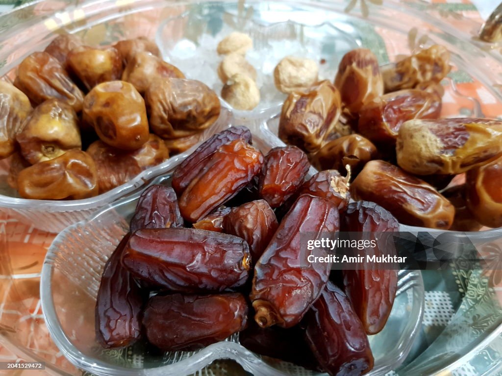 Different kinds of Dates in a crystal tray for Ramadan.