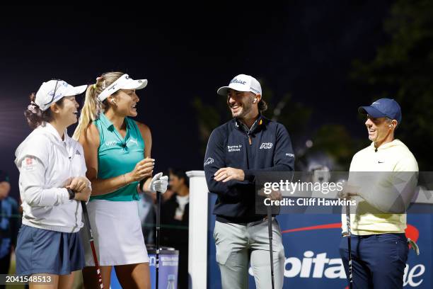 Rose Zhang, Lexi Thompson, Max Homa and Rory McIlroy talk on the fist tee during Capital One's The Match IX at The Park West Palm on February 26,...