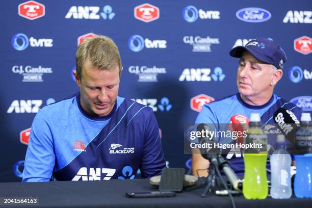 Neil Wagner of New Zealand announces his retirement from international cricket while coach Gary Stead looks on prior to a nets session ahead of the...