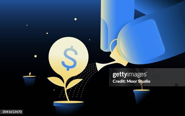 glowing plant with dollar sign illustration - startup funding stock illustrations