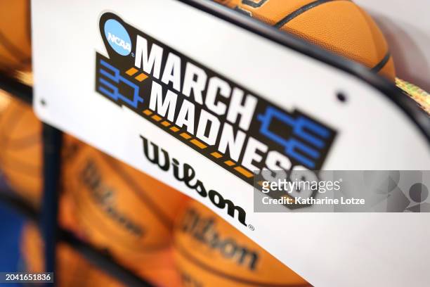 View of an NCAA March Madness logo ahead of a game between the Colorado Buffaloes and the UCLA Bruins at UCLA Pauley Pavilion on February 26, 2024 in...