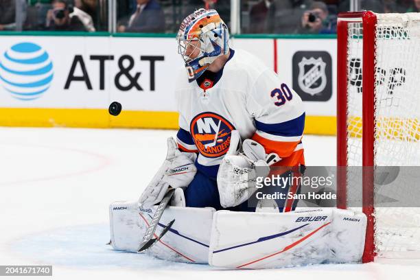 Ilya Sorokin of the New York Islanders stops a shot during the first period against the Dallas Stars at American Airlines Center on February 26, 2024...
