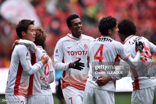 Nagoya Grampus players celebrate the team's 3-2 victory in the J.League J1 match between Gamba Osaka and Nagoya Grampus at Panasonic Stadium Suita on...