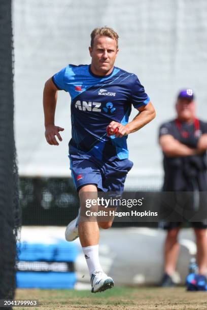 Neil Wagner of New Zealand bowls during a nets session ahead of the First Test in the series between New Zealand and Australia at Basin Reserve on...