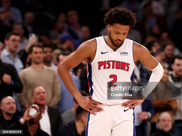 Cade Cunningham of the Detroit Pistons reacts to the loss to the New York Knicks at Madison Square Garden on February 26, 2024 in New York City. The...