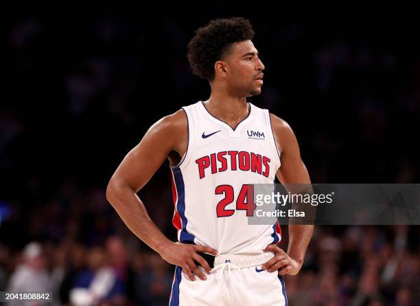 Quentin Grimes of the Detroit Pistons reacts to the loss to the New York Knicks at Madison Square Garden on February 26, 2024 in New York City. The...