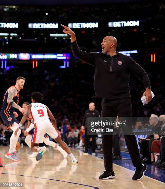 Head coach Monty Williams of the Detroit Pistons reacts during the fourth quarter against the New York Knicks at Madison Square Garden on February...