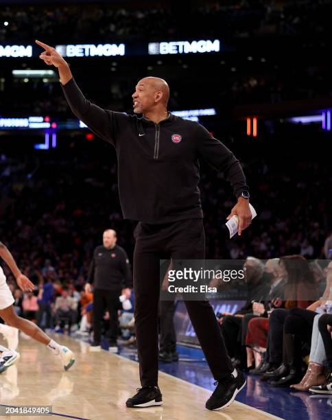 Head coach Monty Williams of the Detroit Pistons reacts during the fourth quarter annat Madison Square Garden on February 26, 2024 in New York City....