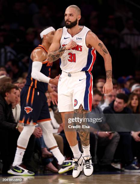 Evan Fournier of the Detroit Pistons celebrates his three point shot during the second half against the New York Knicks at Madison Square Garden on...