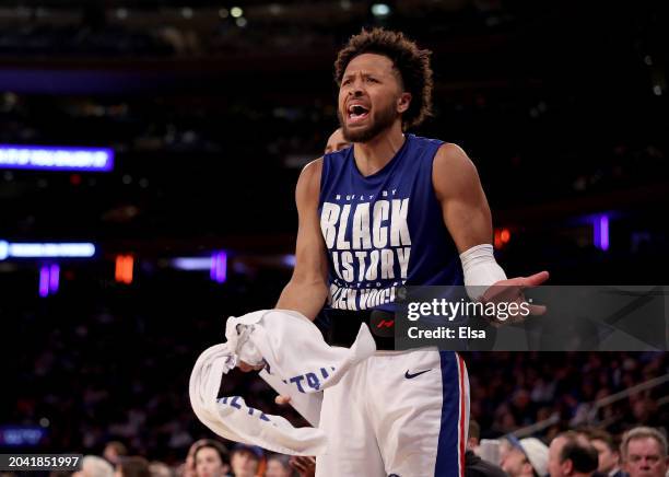 Cade Cunningham of the Detroit Pistons reacts from the bench during the second half against the New York Knicks at Madison Square Garden on February...