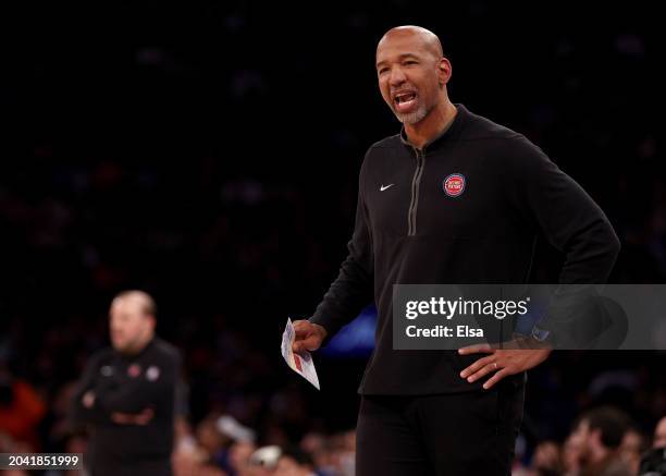 Head coach Monty Williams of the Detroit Pistons reacts during the fourth quarter against the New York Knicks at Madison Square Garden on February...