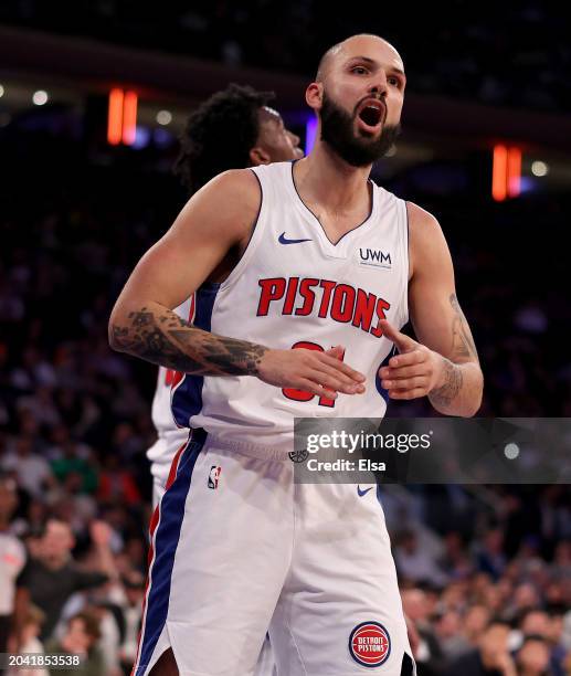 Evan Fournier of the Detroit Pistons reacts after he is called for a foul during the second half against the New York Knicks at Madison Square Garden...