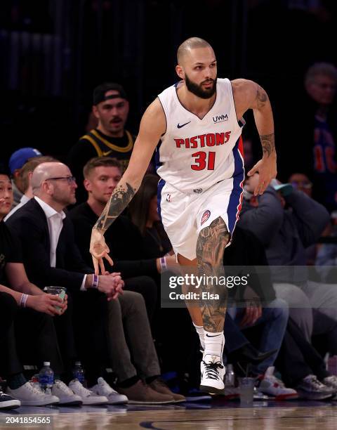 Evan Fournier of the Detroit Pistons celebrates his three point shot during the second half against the New York Knicks at Madison Square Garden on...