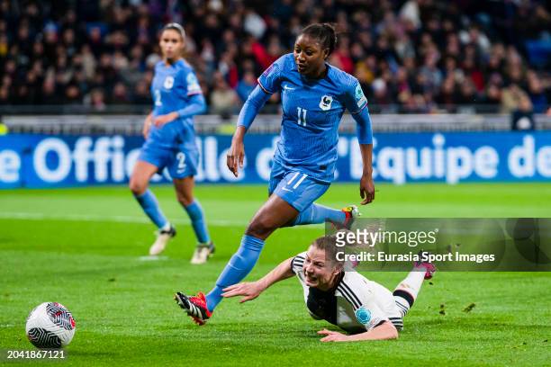 Sarai Linder of Germany is challenged by Kadidiatou Diani of France during the UEFA Women's Nations League semi-final match between France and...