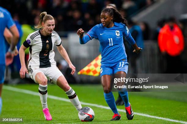 Kadidiatou Diani of France plays against Sarai Linder of Germany during the UEFA Women's Nations League semi-final match between France and Germany...