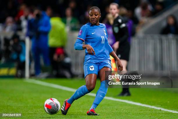 Kadidiatou Diani of France passes the ball during the UEFA Women's Nations League semi-final match between France and Germany at OL Stadium on...