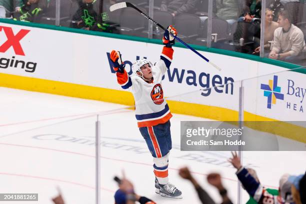 Bo Horvat of the New York Islanders celebrates after scoring the game winning goal in overtime to defeat the Dallas Stars at American Airlines Center...