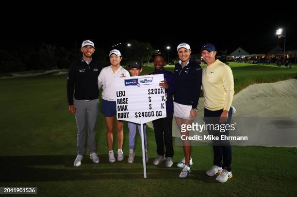 Max Homa, Rose Zhang, Lexi Thompson and Rory McIlroy pose with the standard bearers during Capital One's The Match IX at The Park West Palm on...