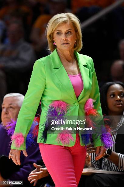 Head coach Kim Mulkey of the LSU Lady Tigers looks on against the Tennessee Lady Vols in the first quarter at Thompson-Boling Arena on February 25,...