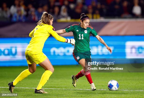 Jaqueline Ovalle of Mexico scores a goal against Alyssa Naeher of United States in the first half during Group A - 2024 Concacaf W Gold Cup match at...