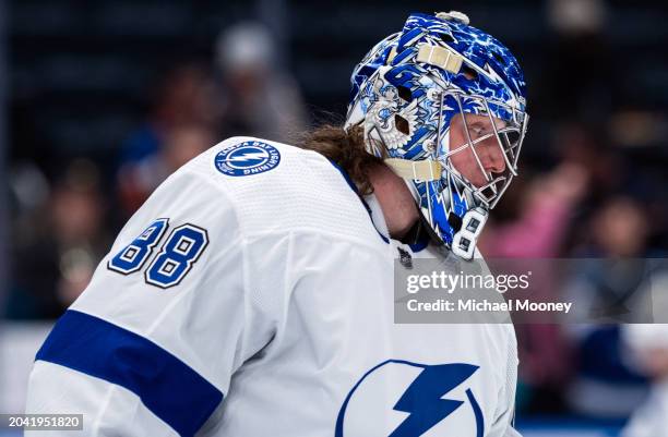 Andrei Vasilevskiy of the Tampa Bay Lightning skates during warmups prior to the game against the New York Islanders at UBS Arena on February 24,...