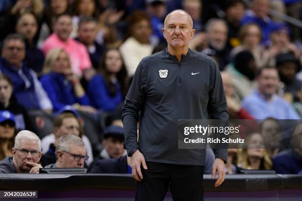 Head coach Thad Matta of the Butler Bulldogs reacts during a game against the Seton Hall Pirates at Prudential Center on February 24, 2024 in Newark,...