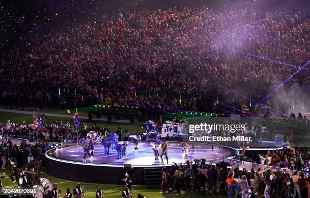 Usher and Lil Jon perform during the Apple Music Super Bowl LVIII Halftime Show at Allegiant Stadium on February 11, 2024 in Las Vegas, Nevada. The...