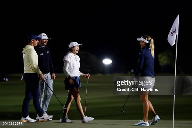 Rory McIlroy, Max Homa, Rose Zhang and Lexi Thompson react on the 12th green during Capital One's The Match IX at The Park West Palm on February 26,...