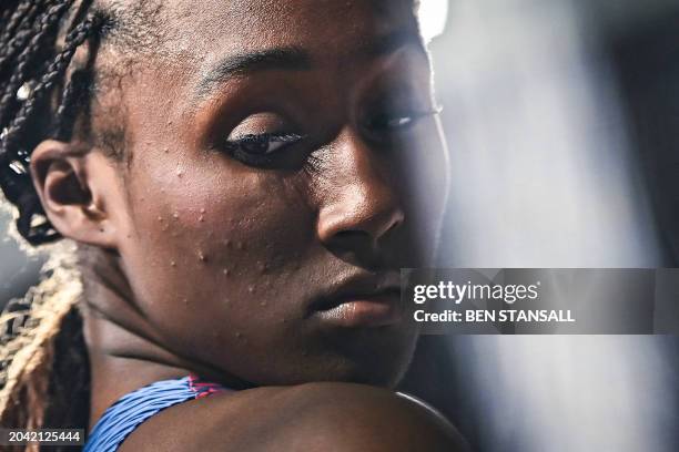 S Talitha Diggs prepares to compete in the Women's 400m heats during the Indoor World Athletics Championships in Glasgow, Scotland, on March 1, 2024.