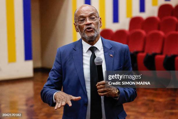Haitian Prime Minister Ariel Henry, speaks to students during a public lecture on bilateral engangement between Kenya and Haiti, at the United States...