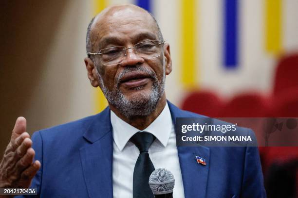 Haitian Prime Minister Ariel Henry, speaks to students during a public lecture on bilateral engangement between Kenya and Haiti, at the United States...