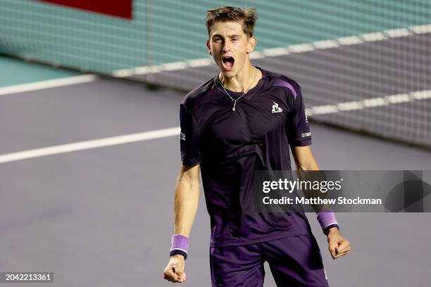 Matteo Arnaldi of Italy celebrates his win over Taylor Fritz of United States during Day 1 of the Telcel ATP Mexican Open 2024 at Arena GNP Seguros...