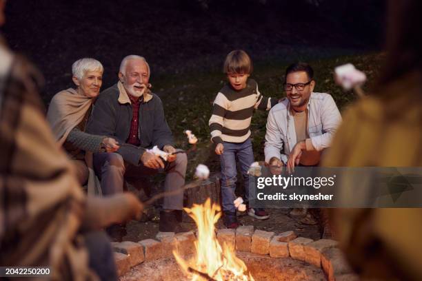¡asando malvaviscos en llamas! - hoguera de campamento fotografías e imágenes de stock