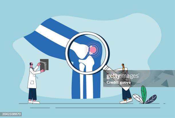 two male doctors examining knee joints, orthopedic health protection concept illustration. two male doctors examining knee joints, orthopedic health protection concept illustration. - anterior cruciate ligament stock illustrations