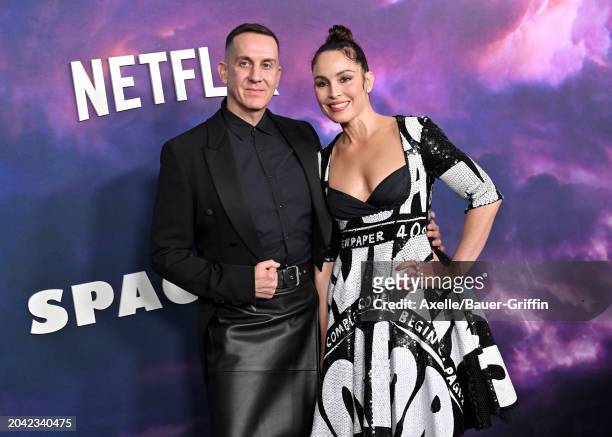 Jeremy Scott and Noomi Rapace attend the Photocall for Netflix's "Spaceman" at The Egyptian Theatre Hollywood on February 26, 2024 in Los Angeles,...