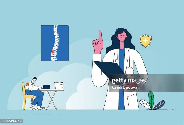 a female doctor explains that working with your head down for a long time can cause spinal injuries. - using laptop back view stock illustrations